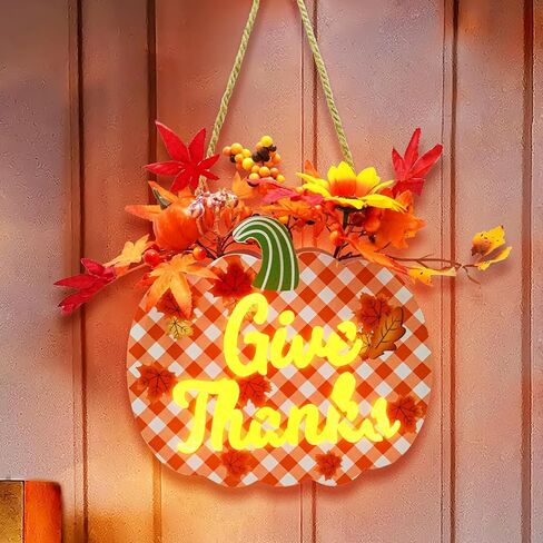 مضاءة عيد الشكر اليقطين علامة اكليلا من الزهور لديكور الباب الأمامي، وإعطاء الشكر سقوط علامة معلقة تعمل بالبطارية أوراق القيقب التوت باب علامة الشكر الجدول محور سقوط الديكور in Kuwait