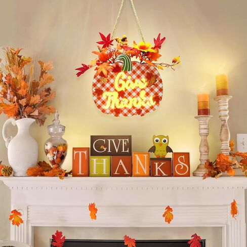 مضاءة عيد الشكر اليقطين علامة اكليلا من الزهور لديكور الباب الأمامي، وإعطاء الشكر سقوط علامة معلقة تعمل بالبطارية أوراق القيقب التوت باب علامة الشكر الجدول محور سقوط الديكور in Kuwait