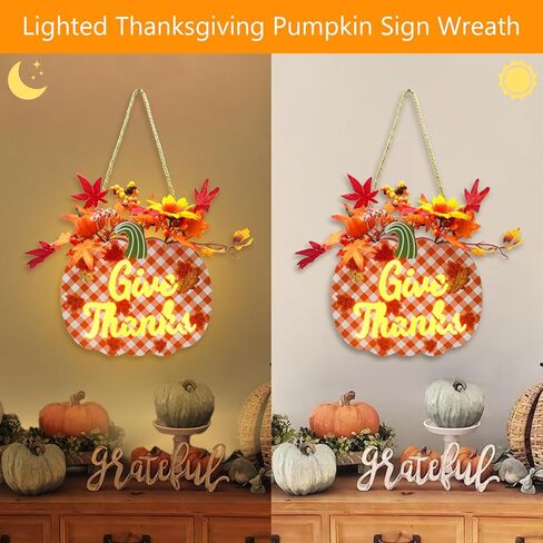 مضاءة عيد الشكر اليقطين علامة اكليلا من الزهور لديكور الباب الأمامي، وإعطاء الشكر سقوط علامة معلقة تعمل بالبطارية أوراق القيقب التوت باب علامة الشكر الجدول محور سقوط الديكور in Kuwait