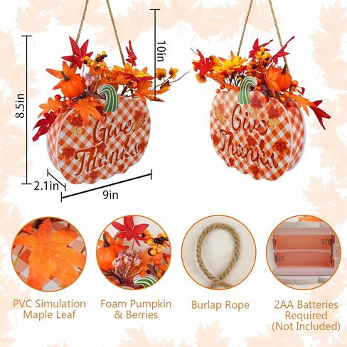 مضاءة عيد الشكر اليقطين علامة اكليلا من الزهور لديكور الباب الأمامي، وإعطاء الشكر سقوط علامة معلقة تعمل بالبطارية أوراق القيقب التوت باب علامة الشكر الجدول محور سقوط الديكور in Kuwait