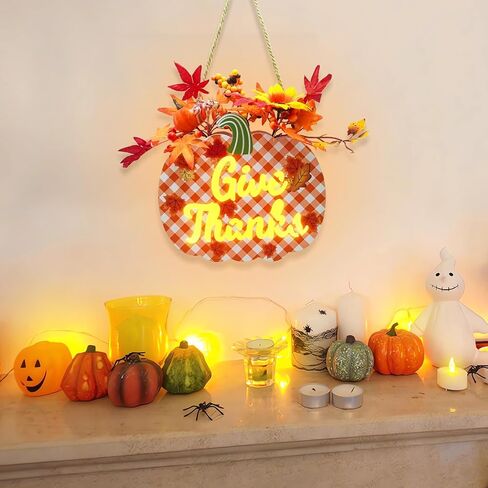 مضاءة عيد الشكر اليقطين علامة اكليلا من الزهور لديكور الباب الأمامي، وإعطاء الشكر سقوط علامة معلقة تعمل بالبطارية أوراق القيقب التوت باب علامة الشكر الجدول محور سقوط الديكور in Kuwait