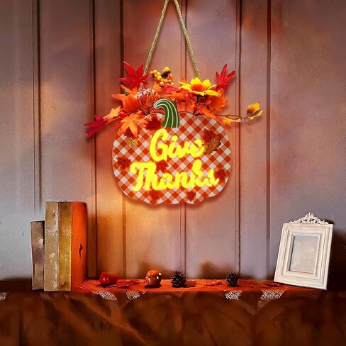 مضاءة عيد الشكر اليقطين علامة اكليلا من الزهور لديكور الباب الأمامي، وإعطاء الشكر سقوط علامة معلقة تعمل بالبطارية أوراق القيقب التوت باب علامة الشكر الجدول محور سقوط الديكور in Kuwait