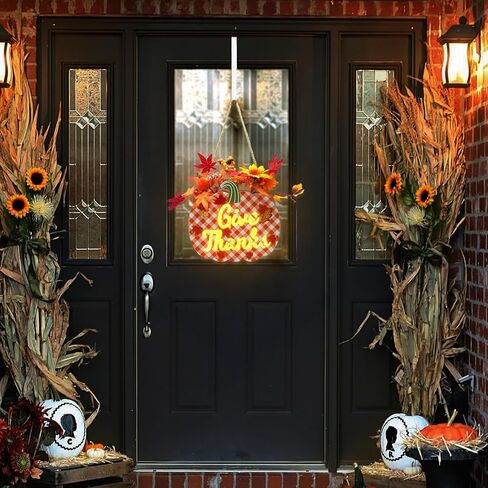 مضاءة عيد الشكر اليقطين علامة اكليلا من الزهور لديكور الباب الأمامي، وإعطاء الشكر سقوط علامة معلقة تعمل بالبطارية أوراق القيقب التوت باب علامة الشكر الجدول محور سقوط الديكور in Kuwait