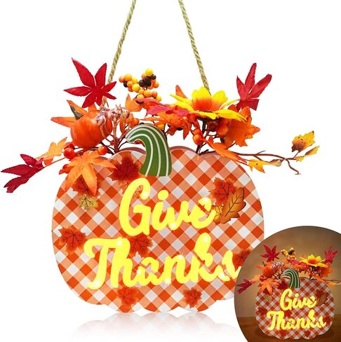 مضاءة عيد الشكر اليقطين علامة اكليلا من الزهور لديكور الباب الأمامي، وإعطاء الشكر سقوط علامة معلقة تعمل بالبطارية أوراق القيقب التوت باب علامة الشكر الجدول محور سقوط الديكور in Kuwait