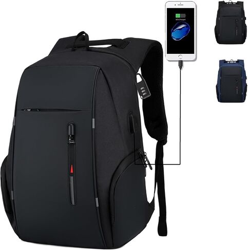 حقيبة ظهر للعمل مقاس 17.3 بوصة، حقيبة ظهر مقاومة للماء والسفر والكمبيوتر المحمول مع منفذ شاحن USB (رمادي) in Kuwait