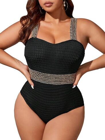 WDIRARA Women's Plus Size Textured Contrast Sparkle One Piece Swimsuit Monokini Bathing Suit in Saudi Arabia