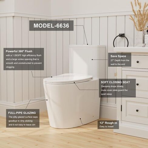 Dual Flush Elongated Standard One Piece Toilet with Comfortable Seat Height, Powerful & Quiet Dual Flush Modern Toilet, 12'' Rough-In, Glossy White，6636 in Saudi Arabia