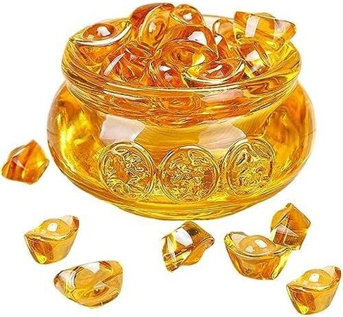 Feng Shui Golden Treasure Basin and About 30 PCS Ingot Yuan Bao, 3In Crystal Glass Treasure Basin Good Luck Wealth Prosperity Figurine for Feng Shui Decor, Home Office Decor Chinese Gifts (Gold) in Saudi Arabia