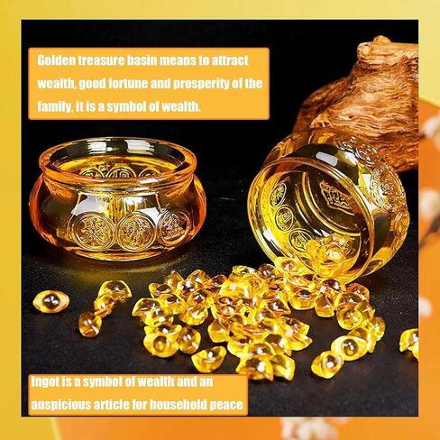 Feng Shui Golden Treasure Basin and About 30 PCS Ingot Yuan Bao, 3In Crystal Glass Treasure Basin Good Luck Wealth Prosperity Figurine for Feng Shui Decor, Home Office Decor Chinese Gifts (Gold) in Saudi Arabia