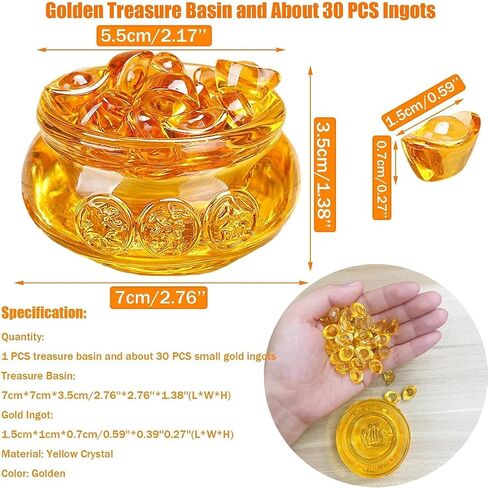 Feng Shui Golden Treasure Basin and About 30 PCS Ingot Yuan Bao, 3In Crystal Glass Treasure Basin Good Luck Wealth Prosperity Figurine for Feng Shui Decor, Home Office Decor Chinese Gifts (Gold) in Saudi Arabia