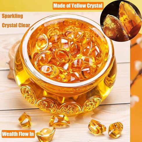 Feng Shui Golden Treasure Basin and About 30 PCS Ingot Yuan Bao, 3In Crystal Glass Treasure Basin Good Luck Wealth Prosperity Figurine for Feng Shui Decor, Home Office Decor Chinese Gifts (Gold) in Saudi Arabia