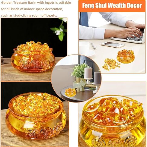Feng Shui Golden Treasure Basin and About 30 PCS Ingot Yuan Bao, 3In Crystal Glass Treasure Basin Good Luck Wealth Prosperity Figurine for Feng Shui Decor, Home Office Decor Chinese Gifts (Gold) in Saudi Arabia