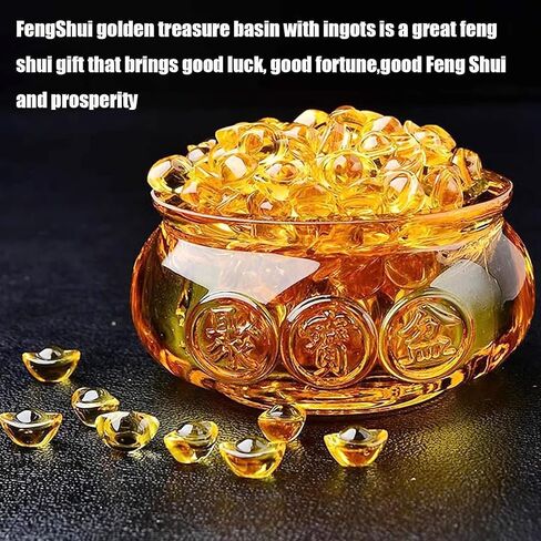 Feng Shui Golden Treasure Basin and About 30 PCS Ingot Yuan Bao, 3In Crystal Glass Treasure Basin Good Luck Wealth Prosperity Figurine for Feng Shui Decor, Home Office Decor Chinese Gifts (Gold) in Saudi Arabia