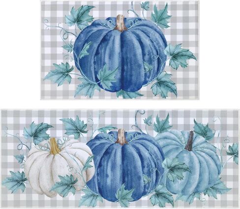 SHACOS Blue Pumpkin Fall Kitchen Rug Set of 2, Buffalo Plaid Harvest Floor Mats and Rugs Non-Slip Kitchen Mats, Thanksgiving Decorative Runner Washable Door Mats for Home, Farmhouse, 20"x32" + 20"x47" in Saudi Arabia