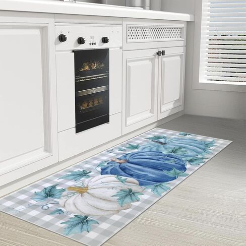 SHACOS Blue Pumpkin Fall Kitchen Rug Set of 2, Buffalo Plaid Harvest Floor Mats and Rugs Non-Slip Kitchen Mats, Thanksgiving Decorative Runner Washable Door Mats for Home, Farmhouse, 20"x32" + 20"x47" in Saudi Arabia
