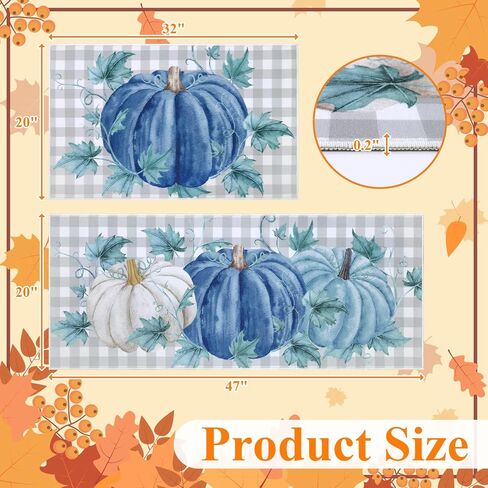 SHACOS Blue Pumpkin Fall Kitchen Rug Set of 2, Buffalo Plaid Harvest Floor Mats and Rugs Non-Slip Kitchen Mats, Thanksgiving Decorative Runner Washable Door Mats for Home, Farmhouse, 20"x32" + 20"x47" in Saudi Arabia