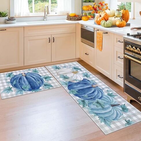 SHACOS Blue Pumpkin Fall Kitchen Rug Set of 2, Buffalo Plaid Harvest Floor Mats and Rugs Non-Slip Kitchen Mats, Thanksgiving Decorative Runner Washable Door Mats for Home, Farmhouse, 20"x32" + 20"x47" in Saudi Arabia