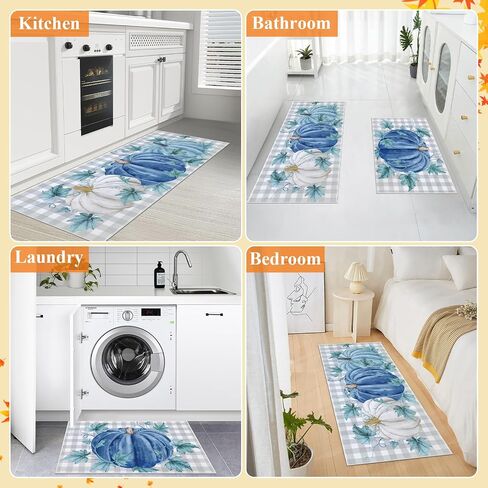 SHACOS Blue Pumpkin Fall Kitchen Rug Set of 2, Buffalo Plaid Harvest Floor Mats and Rugs Non-Slip Kitchen Mats, Thanksgiving Decorative Runner Washable Door Mats for Home, Farmhouse, 20"x32" + 20"x47" in Saudi Arabia
