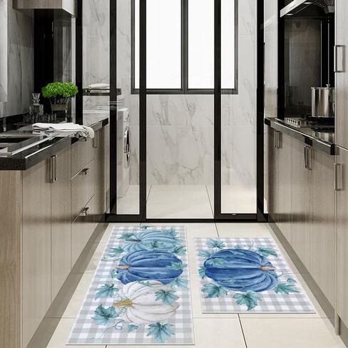 SHACOS Blue Pumpkin Fall Kitchen Rug Set of 2, Buffalo Plaid Harvest Floor Mats and Rugs Non-Slip Kitchen Mats, Thanksgiving Decorative Runner Washable Door Mats for Home, Farmhouse, 20"x32" + 20"x47" in Saudi Arabia