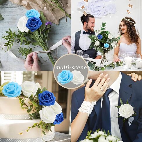 100 قطعة من الزهور الاصطناعية والورود البيضاء ذات المظهر الحقيقي والورود المزيفة بأوراق الشجر وباقات الزفاف DIY لتزيين حفلات الزفاف (أبيض) in Kuwait