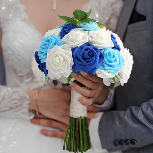 100 قطعة من الزهور الاصطناعية والورود البيضاء ذات المظهر الحقيقي والورود المزيفة بأوراق الشجر وباقات الزفاف DIY لتزيين حفلات الزفاف (أبيض) in Kuwait