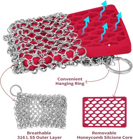 [Dual-use] Cast Iron Scrubber Cleaner - 316 SS Chain Mail Scrubber | Detachable Chainmail Scrubber - Cast Iron Pan Pot Skillet Scrubber - Metal Scrub Pad Cleaning Kit to Clean Cast Iron,Dutch Oven,Wok in Saudi Arabia