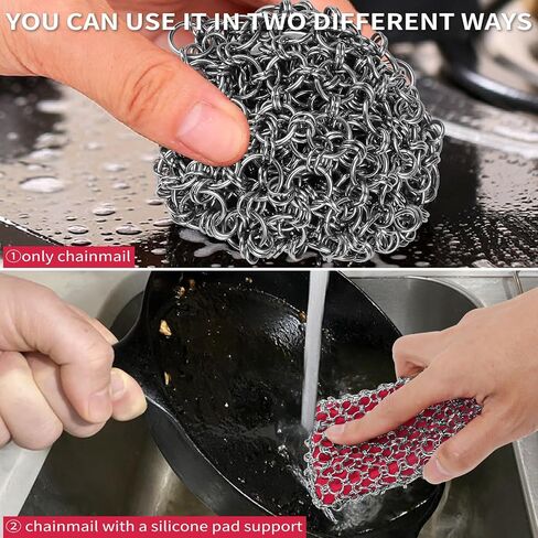 [Dual-use] Cast Iron Scrubber Cleaner - 316 SS Chain Mail Scrubber | Detachable Chainmail Scrubber - Cast Iron Pan Pot Skillet Scrubber - Metal Scrub Pad Cleaning Kit to Clean Cast Iron,Dutch Oven,Wok in Saudi Arabia