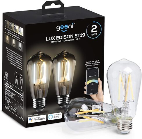 لمبة إضاءة ذكية من Geeni - متوافقة مع Alexa وGoogle Home، لمبة إضاءة LED بيضاء قابلة للبرمجة وقابلة للتعتيم، يمكن التحكم فيها عن طريق التطبيق (ST19-2 Pack) in Kuwait