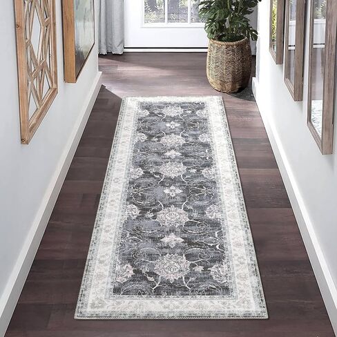 Hallway Runner Rug Vintage Floral Distressed Washable Runner Rug Entryway Area Rug Non-Slip Retro Medallion Floor Carpet Indoor Entrance Rug for Living Room Kitchen, Black/Grey, 2' x 6' in Saudi Arabia