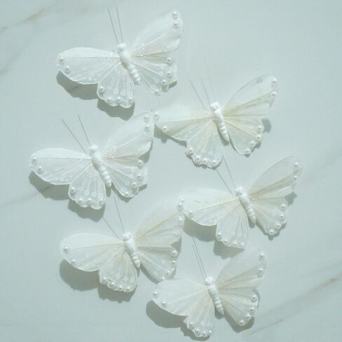 3D Pink Butterfly Wall Decor: Set of 6 Real Feather Butterflies Wall Stickers with Pearls for Girls Bedroom Baby Shower Wedding Cake Office Decor Butterfly Wall Decals for Bathroom Boho Living Room in Saudi Arabia