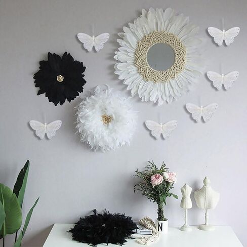 3D Pink Butterfly Wall Decor: Set of 6 Real Feather Butterflies Wall Stickers with Pearls for Girls Bedroom Baby Shower Wedding Cake Office Decor Butterfly Wall Decals for Bathroom Boho Living Room in Saudi Arabia
