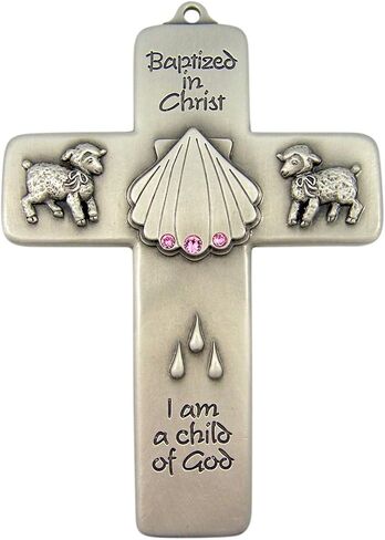 Girls Baptized in Christ Pewter Wall Cross with Pink Stones, 5 Inch in Kuwait