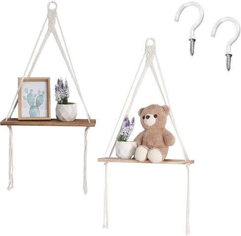 Macrame جدار معلق رف بوهو ديكور غرفة نوم لغرفة المعيشة المنزل مزرعة مكتب 2 حزمة رفوف خشبية عائمة، رف تخزين عائم من الخشب الريفي، رفوف عرض لصور النباتات in Saudi Arabia