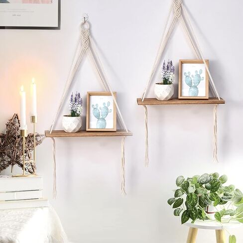 Macrame جدار معلق رف بوهو ديكور غرفة نوم لغرفة المعيشة المنزل مزرعة مكتب 2 حزمة رفوف خشبية عائمة، رف تخزين عائم من الخشب الريفي، رفوف عرض لصور النباتات in Saudi Arabia