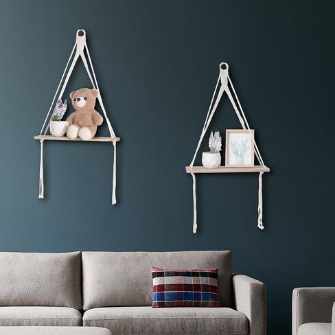 Macrame جدار معلق رف بوهو ديكور غرفة نوم لغرفة المعيشة المنزل مزرعة مكتب 2 حزمة رفوف خشبية عائمة، رف تخزين عائم من الخشب الريفي، رفوف عرض لصور النباتات in Saudi Arabia