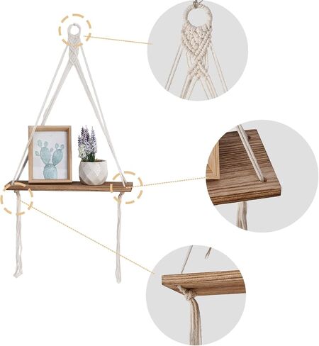 Macrame جدار معلق رف بوهو ديكور غرفة نوم لغرفة المعيشة المنزل مزرعة مكتب 2 حزمة رفوف خشبية عائمة، رف تخزين عائم من الخشب الريفي، رفوف عرض لصور النباتات in Saudi Arabia