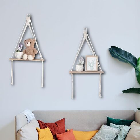 Macrame جدار معلق رف بوهو ديكور غرفة نوم لغرفة المعيشة المنزل مزرعة مكتب 2 حزمة رفوف خشبية عائمة، رف تخزين عائم من الخشب الريفي، رفوف عرض لصور النباتات in Saudi Arabia