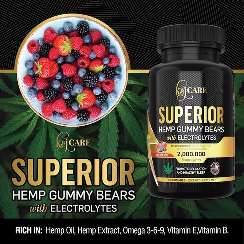 K&J Care Superior Hemp Gummy - 2,000,000 مجم من مستخلص القنب المعبأ بالفيتامينات الأساسية - محملة بالكهرباء الرئيسية (60 علكة) (عبوة من قطعة واحدة) in Saudi Arabia