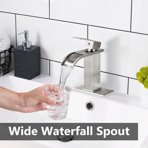 Waterfall Bathroom Faucets Single Hole Sink Faucet for 1 or 3 Hole Single Handle Vanity Farmhouse Basin with Deck Plate,with Pop-up Drain&Supply Lines,Brushed Nickel in Saudi Arabia