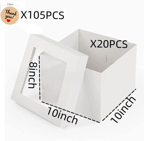 20 قطعة من صناديق الكيك، 10 × 10 × 8 بوصات صناديق خبز بيضاء مع نافذة، 105 قطعة من ملصقات الشكر متضمنة للكعك والكب كيك والفطائر والكعك والبسكويت (A-10X10X8 بوصة) in Saudi Arabia