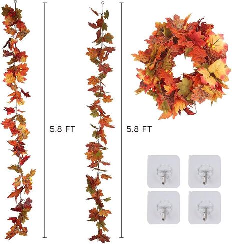 2 Pcs Fall Garland Maple Leaf,5.8Ft/Pieces Artificial Autumn Hanging Vine Plants Thanksgiving Decor for Home Christmas Halloween Décor Wedding Fireplace Party in Saudi Arabia