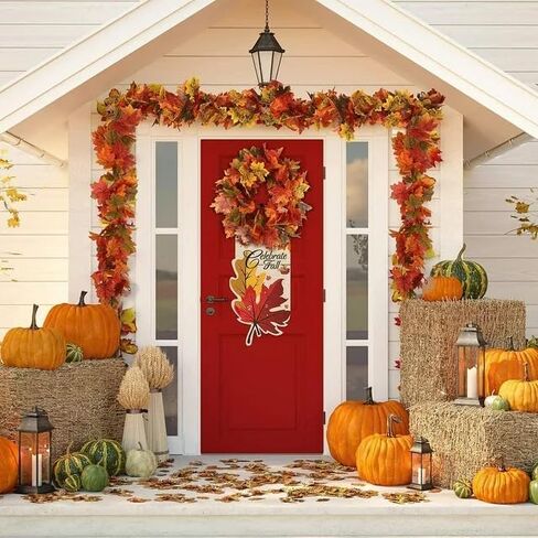 2 Pcs Fall Garland Maple Leaf,5.8Ft/Pieces Artificial Autumn Hanging Vine Plants Thanksgiving Decor for Home Christmas Halloween Décor Wedding Fireplace Party in Saudi Arabia