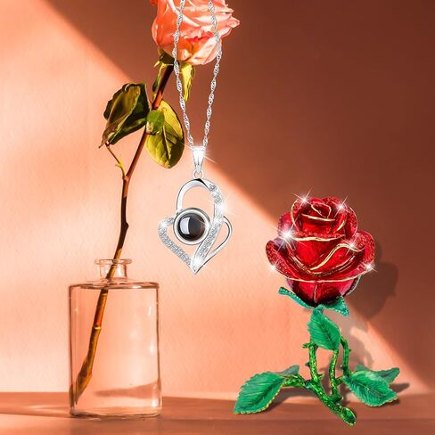 هدايا عيد الأم للأم من ابنتها، قلادة من الذهب عيار 24 قيراط مع الماس والورد المحفوظة، أحبك من الفضة الإسترليني عيار 925، عيد الأم/عيد الحب/عيد الميلاد للصديقات/النساء/لها/أمي in Kuwait