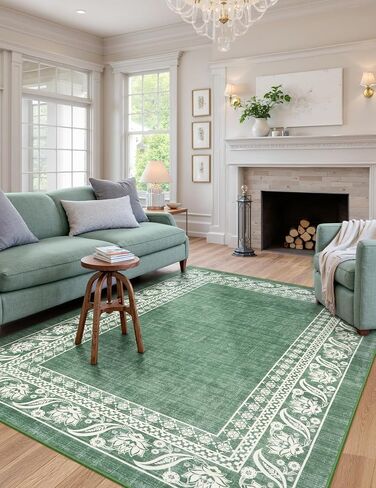 Seavish Vintage Bordered Runner Rug - 2x6 Runners for Hallway 6 Ft Low Pile Soft Green Kitchen Rugs Non Slip Washable Entryway Rugs Indoor Paisley Floral Floor Runner for Bedroom Laundry Bathroom in Saudi Arabia