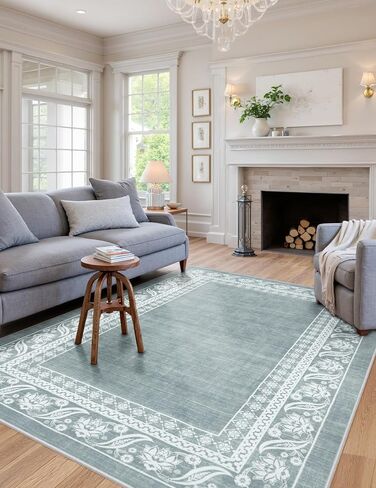 Seavish Vintage Bordered Runner Rug - 2x6 Runners for Hallway 6 Ft Low Pile Soft Green Kitchen Rugs Non Slip Washable Entryway Rugs Indoor Paisley Floral Floor Runner for Bedroom Laundry Bathroom in Saudi Arabia