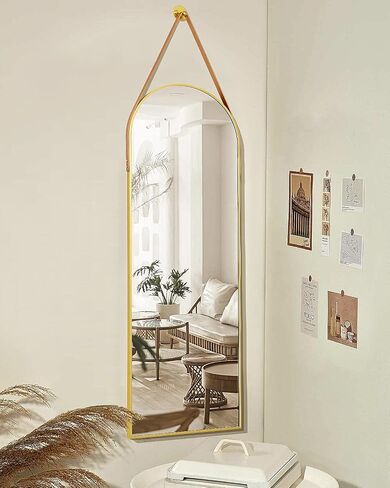 16"x48" Arched Mirror, Wall Mirror, Hanging Mirrors with Leather Strap, Full Length Mirror, Wall Mounted Arch Mirror, for Living Room, Bathroom, Bedroom, Entryway -Gold in Saudi Arabia