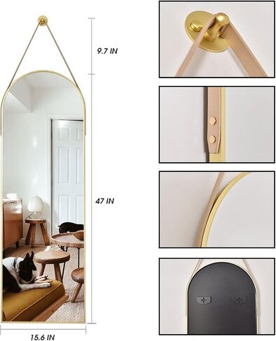 16"x48" Arched Mirror, Wall Mirror, Hanging Mirrors with Leather Strap, Full Length Mirror, Wall Mounted Arch Mirror, for Living Room, Bathroom, Bedroom, Entryway -Gold in Saudi Arabia