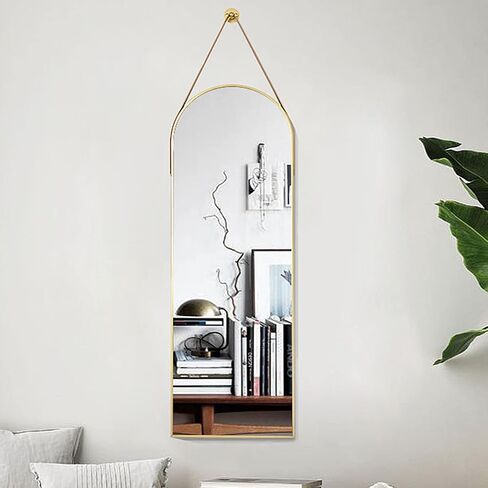 16"x48" Arched Mirror, Wall Mirror, Hanging Mirrors with Leather Strap, Full Length Mirror, Wall Mounted Arch Mirror, for Living Room, Bathroom, Bedroom, Entryway -Gold in Saudi Arabia