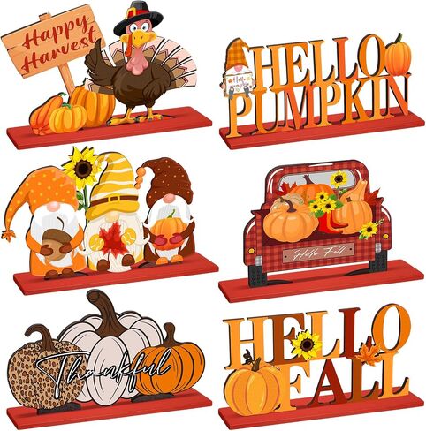Thyle 6 Pcs Fall Table Decorations Wood Fall Decor for Home Thanksgiving Table Signs Hello Fall Gnomes Pumpkin Truck Table Centerpieces for Autumn Harvest Party Tiered Tray Kitchen Office Supplies in Saudi Arabia