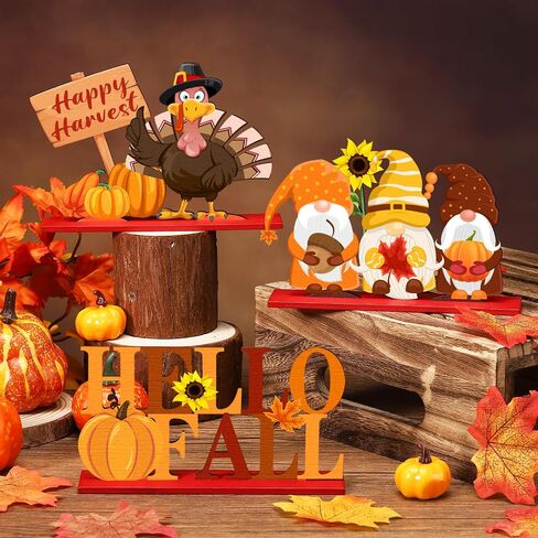 Thyle 6 Pcs Fall Table Decorations Wood Fall Decor for Home Thanksgiving Table Signs Hello Fall Gnomes Pumpkin Truck Table Centerpieces for Autumn Harvest Party Tiered Tray Kitchen Office Supplies in Saudi Arabia